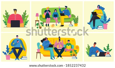 Stay and work at home. Parents and child at home and using digital device, reading book and playing guitar. Hobby infographic design elements vector illustration in flat design