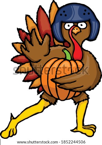 This turkey football player is making the Heisman pose after scoring a touchdown.  This illustration features a turkey football player making the Heisman trophy pose. 