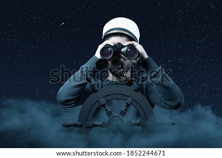 helmsman with binoculars and cap over clouds viewing to the starry sky