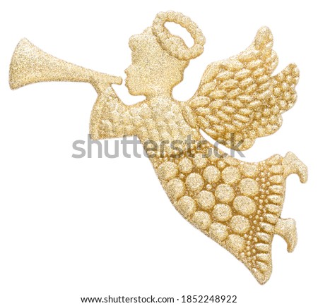 Golden angel with trumpet isolated on white background. Christmas decoration.