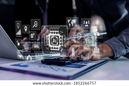 Double exposure of business hands using digital laptop computer with virtual diagram, graph interfaces icons, Technology digital and stock market concept, Blurred background.