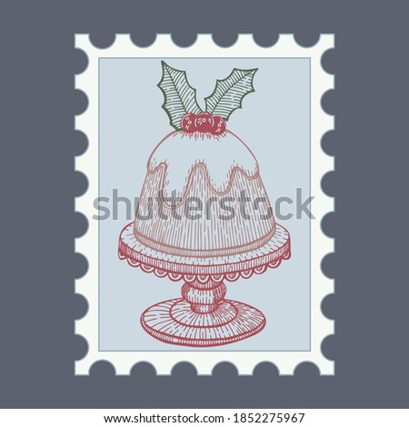 Christmas cake. Christmas stamps with holiday Vintage illustration. Postage stamp frames. Vector 