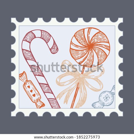 Christmas Candy, Lollipops. Christmas stamps with holiday Vintage illustration. Postage stamp frames. Vector 