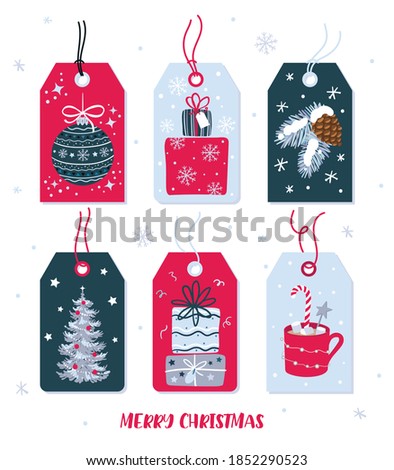 Stylish set of tags for gifts. Vector Christmas illustrations. Christmas ball, gifts, Christmas Tree, marshmallow cup