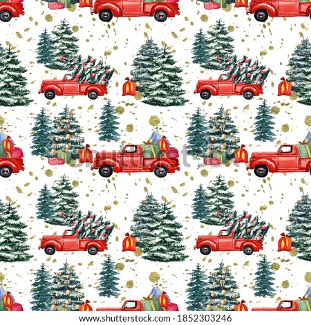 Christmas retro truck and christmas tree seamless pattern. Winter wrapping paper. Watercolor hand drawn white background