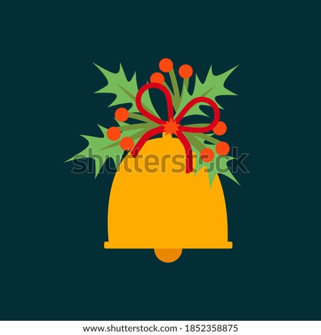 Christmas bell with holly leaves isolated on dark green background. Flat design.
