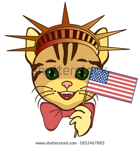 cool happy cat in the crown of the statue of liberty stands and holds in his hand the american flag, color vector detailed banner or flyer