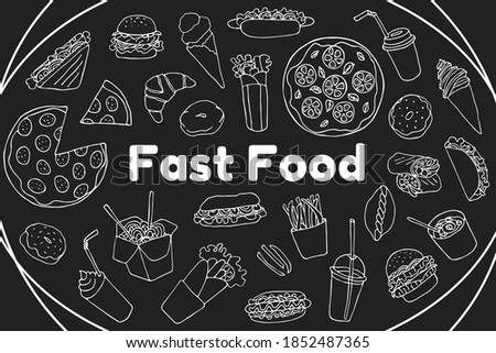 Set  hand drawn vector isolated elements. Takeaway food. Collection of fast food. Illustration of a Burger, hot dog, pizza, donuts, sandwiches.