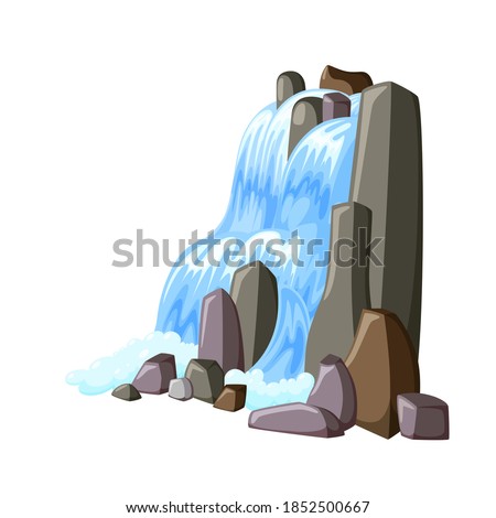 Waterfall cascade in rocks. Water splashing down with foam. Vector illustration of falling river in cartoon style