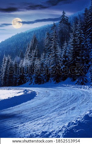 snow covered road through forest in mountains at night. beautiful winter scenery in full moon light. spruce trees along the path in hoarfrost and sunlight