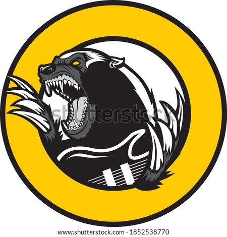 editable vector illustration of a honey badger with an aggressive expression holding an electric rock guitar.
