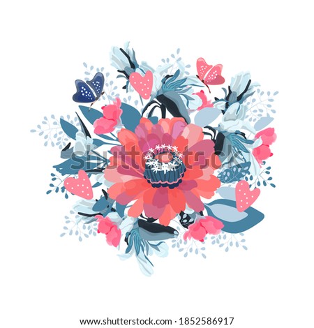 Vector bouquet of flowers with butterflies and hearts. Pink zinnia with blue leaves. Floral elements on a white background.