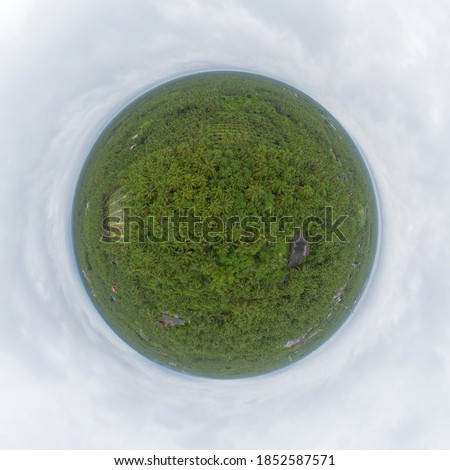 Little planet 360 degree sphere. Panorama of aerial view of coconut or palm trees. Nature landscape forest background in agriculture farm concept, Ratchaburi, Thailand. Food crops.