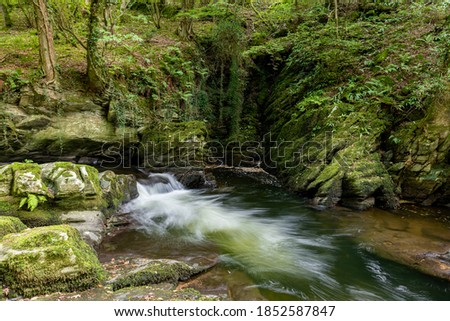 Long exposure of a waterfall on the East Lyn river flowing through the woods at Watersmeet in Exmoor National Park