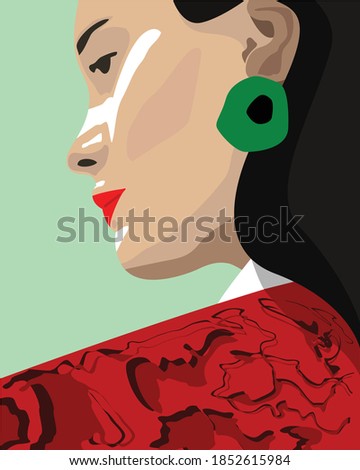 Vector female portrait. Women is looking from her back. Minimal style. Modern fashion look. Hand drawn abstract illustration. Flat design.