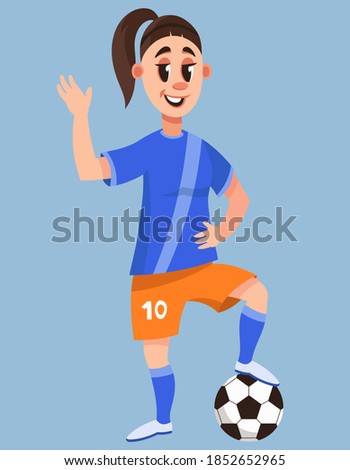 Female soccer player standing with ball. Smiling character in cartoon style.