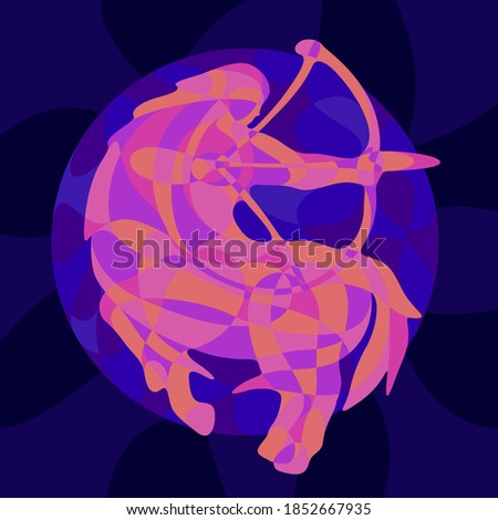 Beautiful colorful illustration with shiny neon colored saggitarius silhouette on the dark blue background