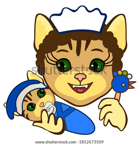 cool cat mom or nanny in a white cap stands and holds in her arms a baby and a rattle on a isolated background 
