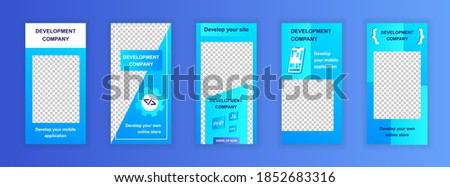 Development company editable templates set for stories. Software engineering and web development. Design for social networks. Story mockup with free copy space vector illustration.