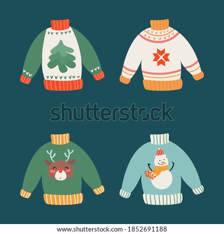 Cute ugly Christmas sweaters vector set. Sweater party clip art collection