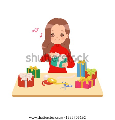 Woman wrapping pile of presents and decorating it with ribbons. Christmas holiday preparation activity. Flat vector isolated on white