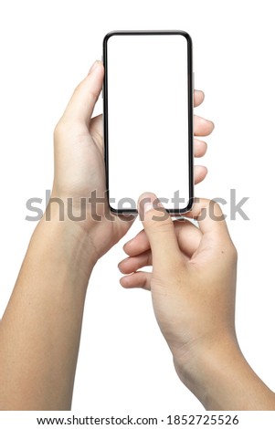 Closeup studio shot  hand holding mobile blank touch screen. isolated on white background. Business man hand holding a modern smartphone.