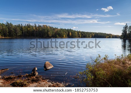Tyresta National Park. Autumn in Sweden. Landscape with lake and forest Royalty-Free Stock Photo #1852753753
