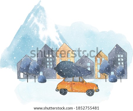 Car with tree in snowy winter city, watercolor snowy mountain landscape with spruce, trees and houses, Snowy mountain village illustration, Snow  winter scene image.