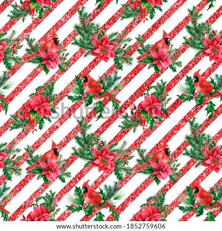 Christmas Watercolor background with poinsettia, cardinal and red stripes. Winter Seamless pattern
