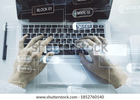 Multi exposure of abstract programming language hologram with world map and hands typing on computer keyboard on background, artificial intelligence and neural networks concept