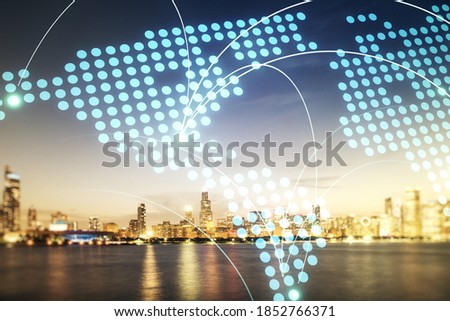 Abstract virtual world map with connections on Chicago skyline background, international trading concept. Multiexposure