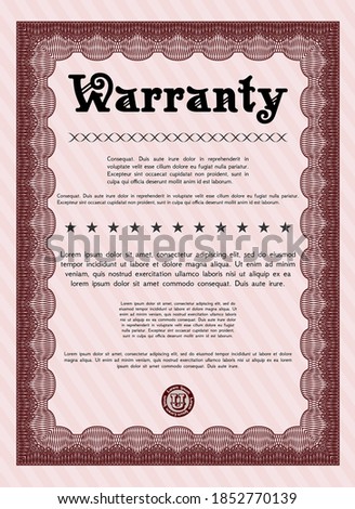 Retro vintage Warranty Certificate template. Modern design.  With linear background.  Detailed.  Red color.