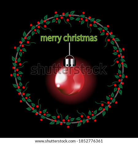 Red chirstmas ball and green leaves on pattern wallpapers background design. vector illustration.