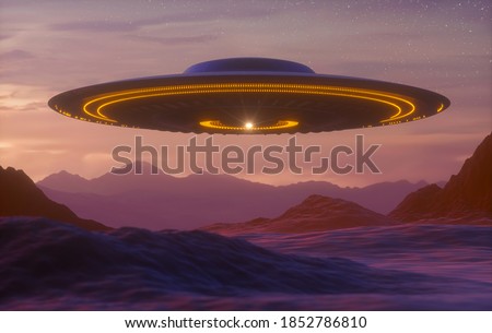 Unidentified flying object - UFO. Science Fiction image concept of ufology and life out of planet Earth. 3D illustration with Clipping Path Included.