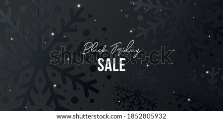 Black Friday Sale background for banner, poster or flyer design with sparkling falling snow on black texture background with pattern of snowflakes. Modern design template for social and fashion ads