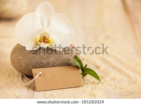 Beautiful spa still life with a pure white fresh phalaenopsis orchid on a massage stone with a blank brown gift tag and golden sea sand depicting treatments, pampering, wellness and beauty