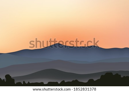 Mountain landscape vector background with sunset behind mountain range and space for your design.