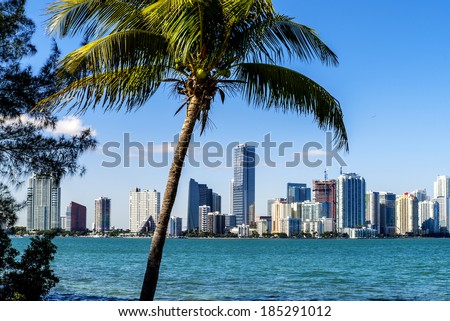 Miami Downtown skyline in daytime with Biscayne Bay.