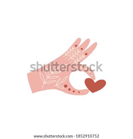 Folk Ornate boho hand palm with  doodle linear floral leafy tattoo keep little red heart vector clip-art isolated on white for Valentine’s Day love design