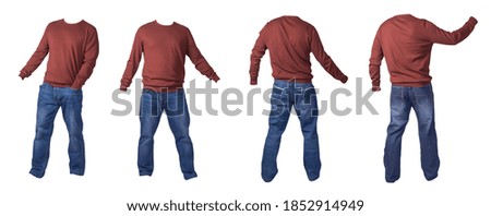 set of four men's dark red sweater and blue jeans isolated on white background.casual clothing