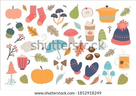 Autumn hand drawn vector elements. Cute illustration with autumn and winter cozy elements. Isolated on white background. 
