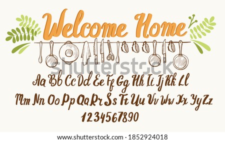 Farmhouse font. Typography alphabet with rustic illustrations. Handwritten script for house decoration and crafty design. Vector with hand-drawn lettering.