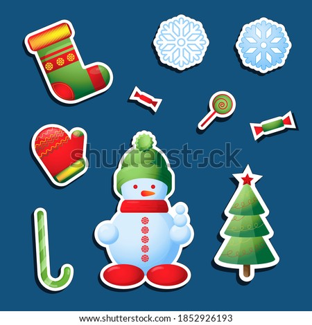 Christmas vector stiskers. illustration with picture of snowman, snowflake, mitten and candy