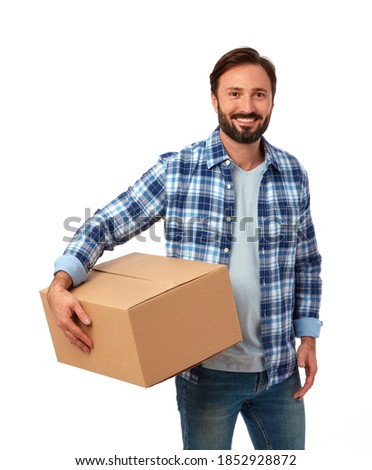 Delivery guy with cardboard box Royalty-Free Stock Photo #1852928872