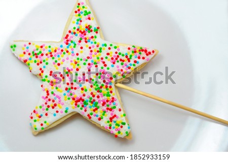 Closed-up Multi Colors Candy Coated Star Shaped Christmas Gingerbread on white Plate.
Selective Focus.