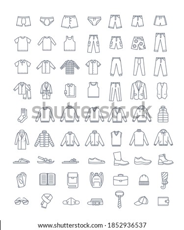 Men clothes, shoes and accessories simple line vector icons. Flat linear symbols. Male basic garments. Online shop categories. Outline infographic elements. Contour silhouettes of pants, shirts, boots Royalty-Free Stock Photo #1852936537