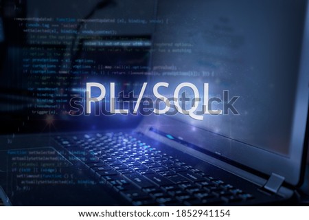 PL/SQL inscription against laptop and code background. Learn pl/sql programming language, computer courses, training.  Royalty-Free Stock Photo #1852941154