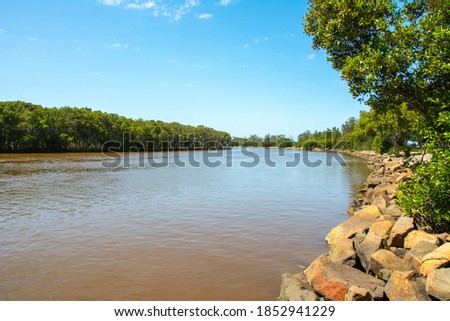 The view of Hunter River banks in Hexham suburb of the city of Newcastle, New South Wales, Australia Royalty-Free Stock Photo #1852941229