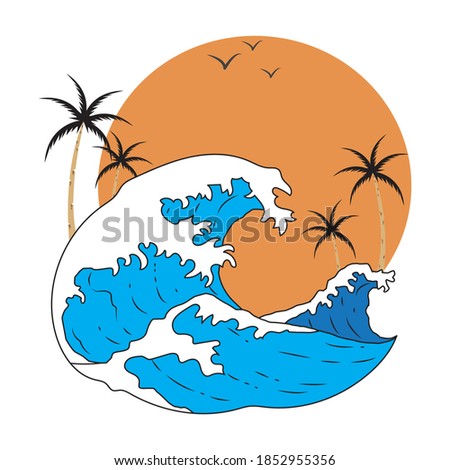 Sunset scenery  with vintage  style waves. Retro waves vector illustration. 