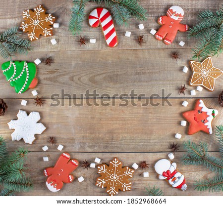 Christmas food. Homemade gingerbread cookies. view from above.  Flatley Christmas. Festive Christmas background. New Year's and Christmas. Frame. 